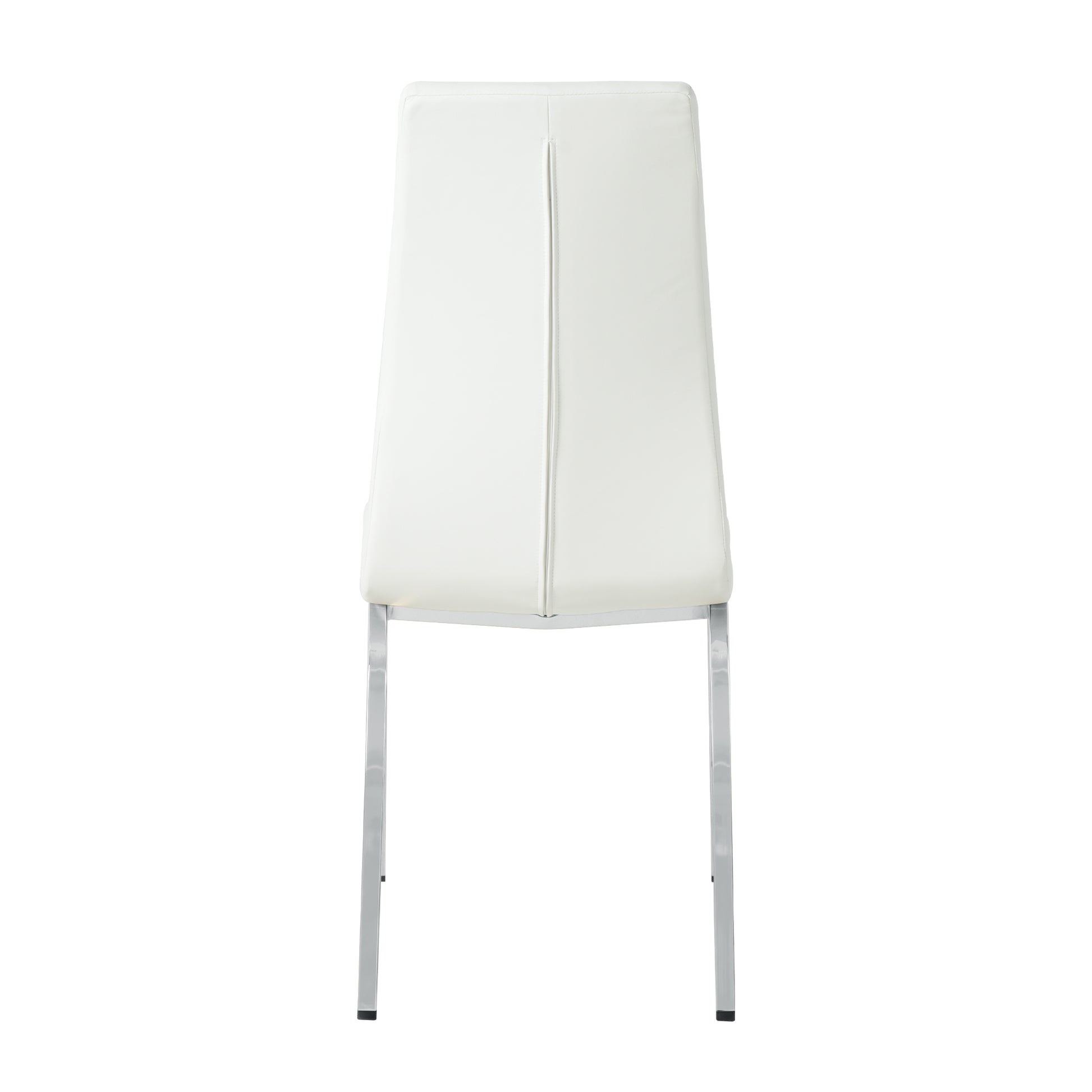 White faux leather dining chair with sleek chrome legs and a modern vertical seam detail