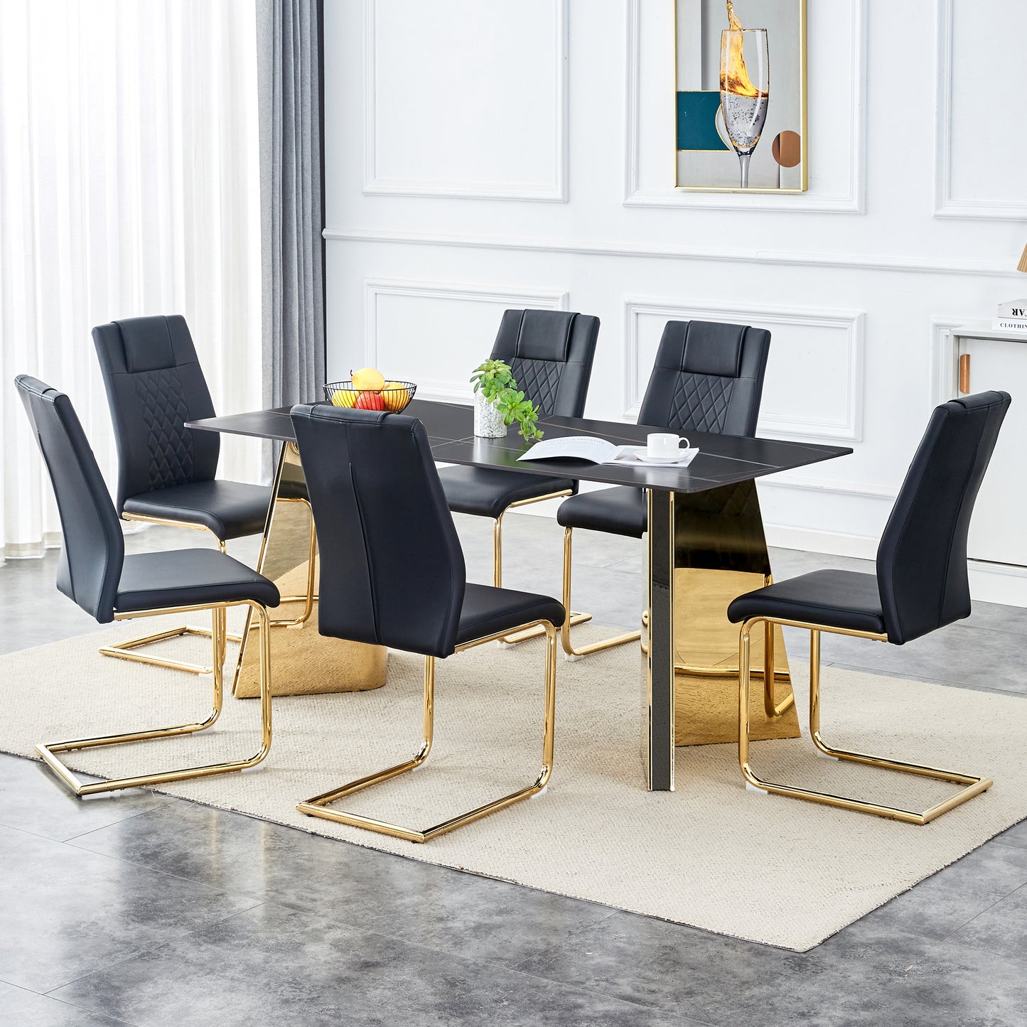 Black leatherette dining chairs with gold metal legs diamond tufting on backrests