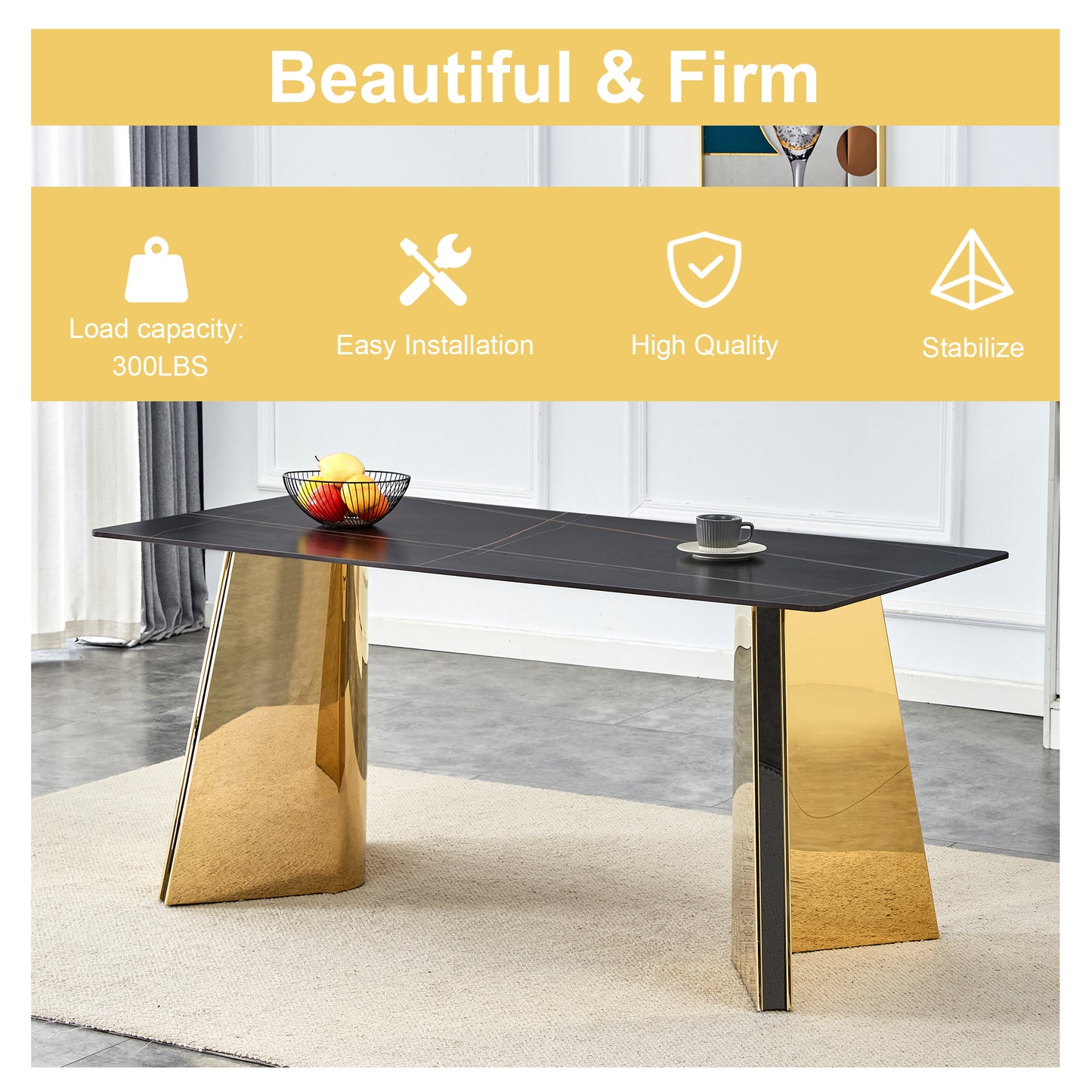 Sleek black ceramic dining table with striking gold pedestal legs perfect for modern homes