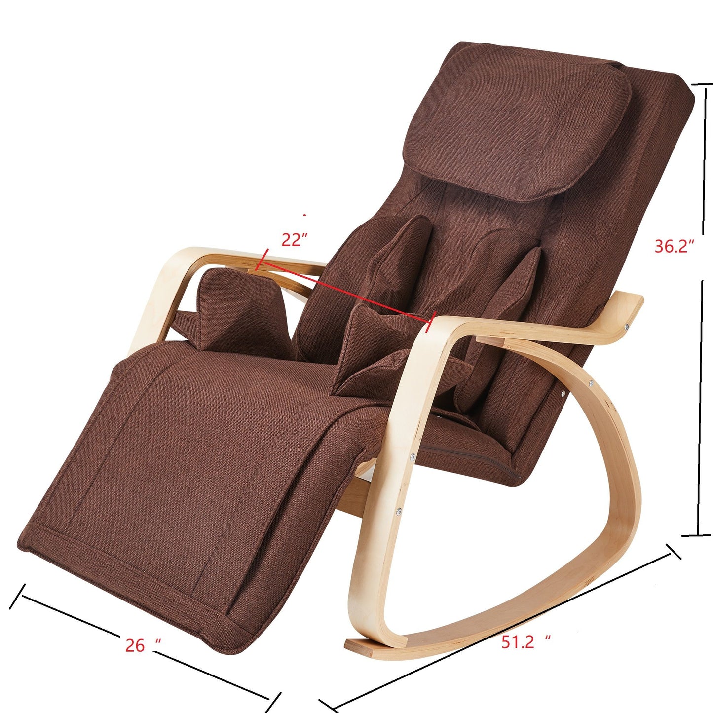 Brown fabric recliner chair with wooden rocking base for ultimate relaxation