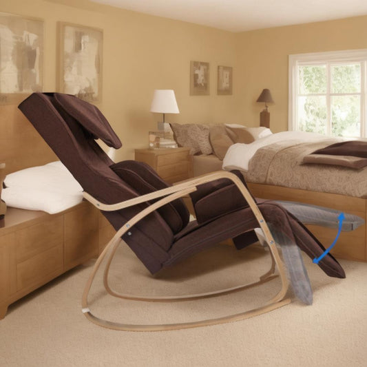 Reclining brown fabric massage chair with wooden rocking base in a bedroom
