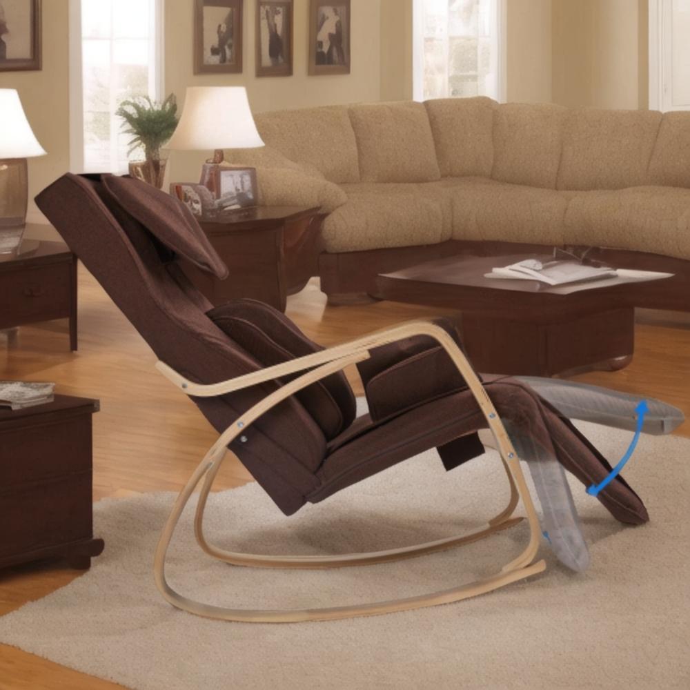 Brown fabric rocking chair with adjustable footrest ideal for home relaxation