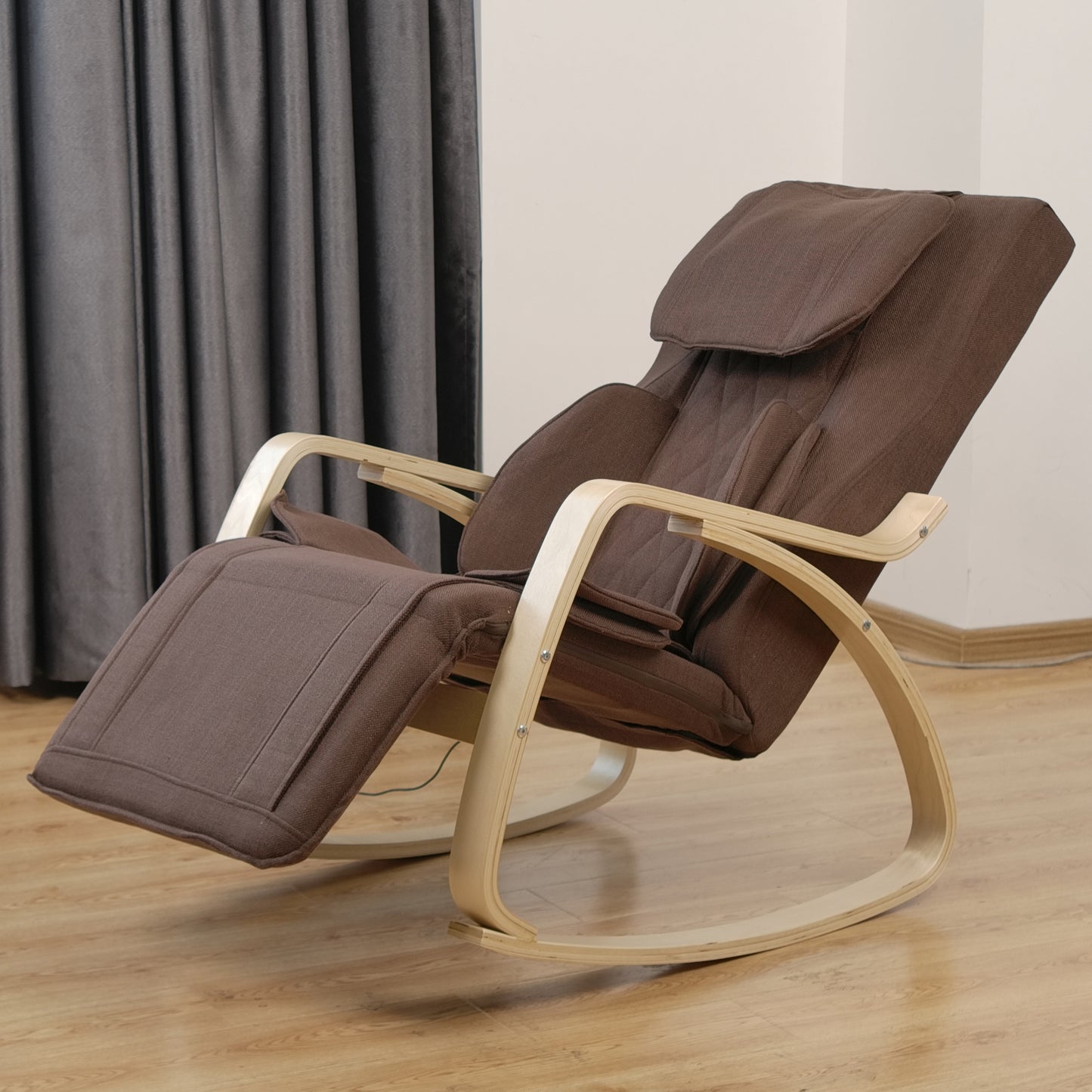 Brown fabric rocking recliner with curved wooden base and armrests
