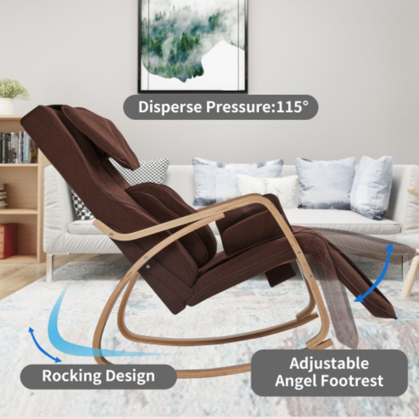 Brown fabric lounge chair with wooden rocking base and adjustable footrest