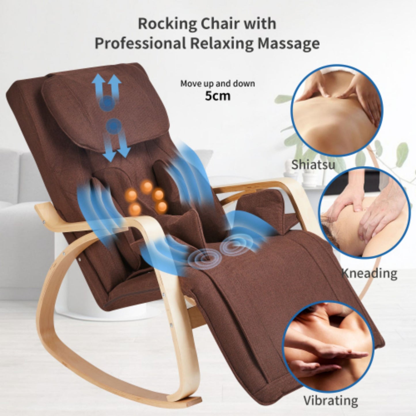 Brown fabric rocking chair with shiatsu massage features and wooden accents