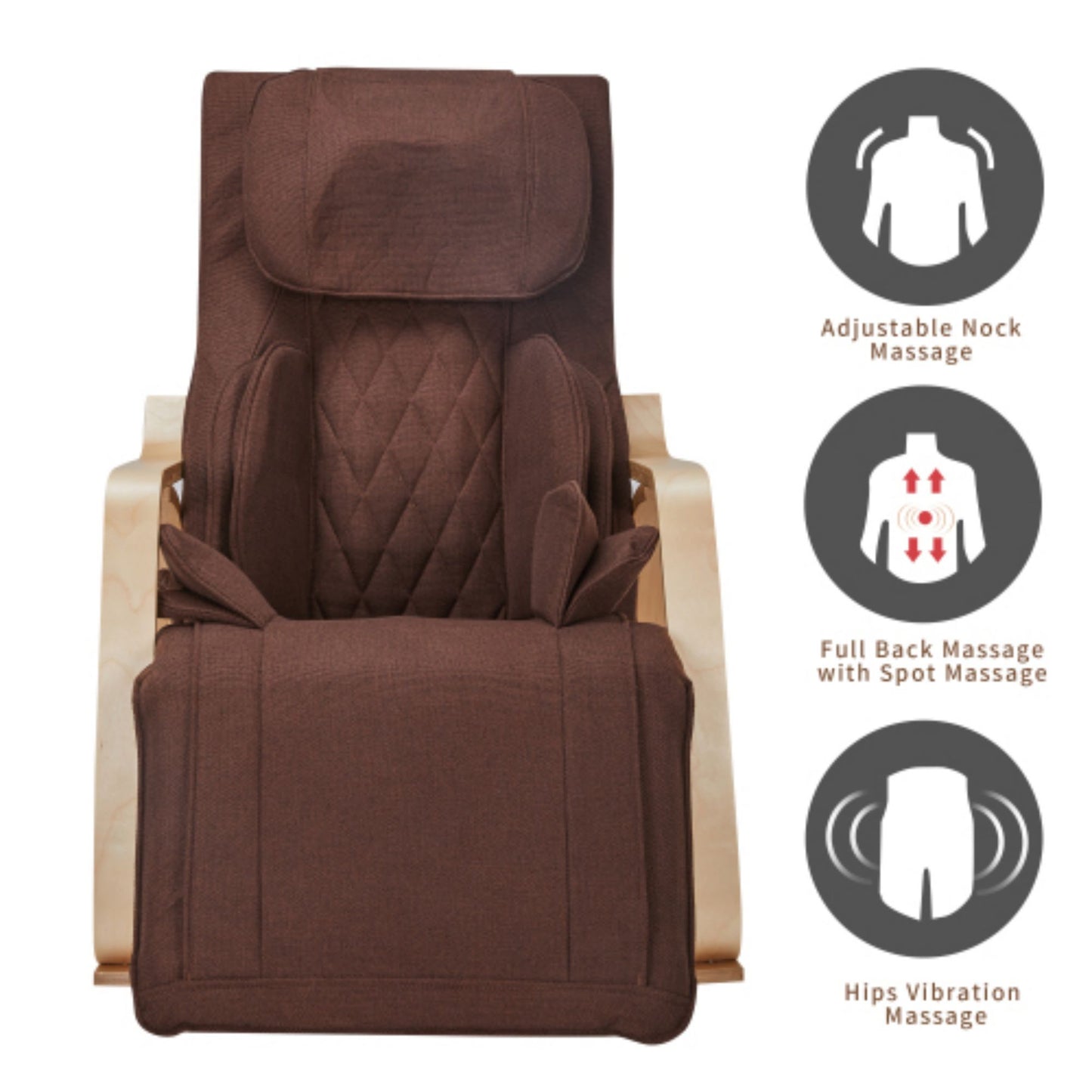 Brown fabric massage chair with adjustable neck support and wooden frame