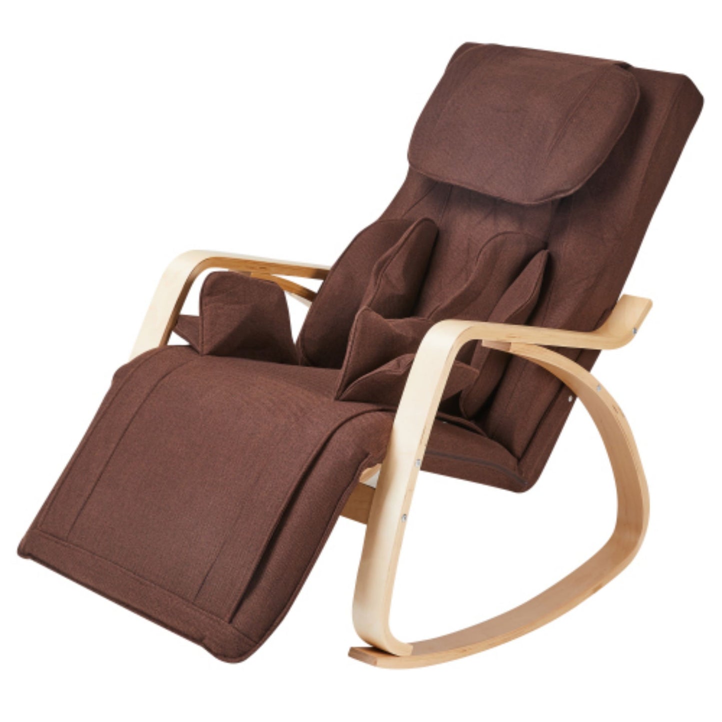Brown fabric rocking recliner chair with wooden armrests and base