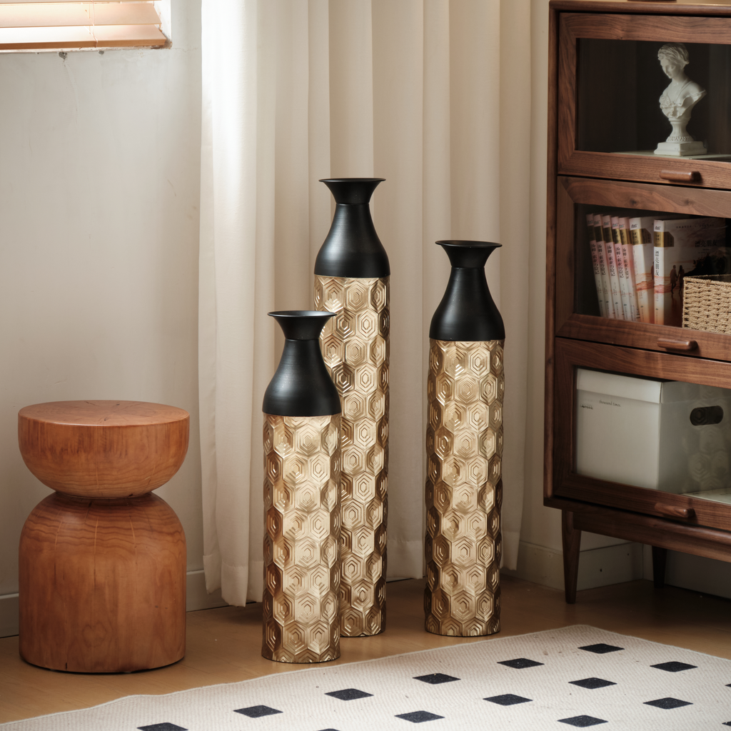 Tall gold textured vase with black top modern decor