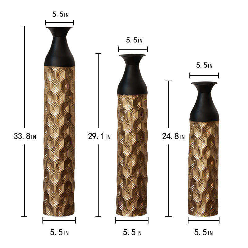 Tall bronze geometric vase  inches with black top for modern decor