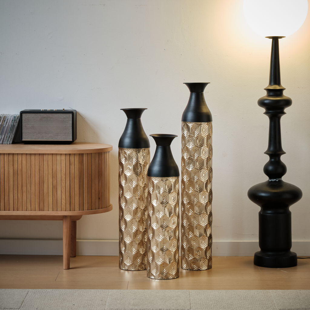 Set of three tall gold geometric vases with black tops modern decor accent