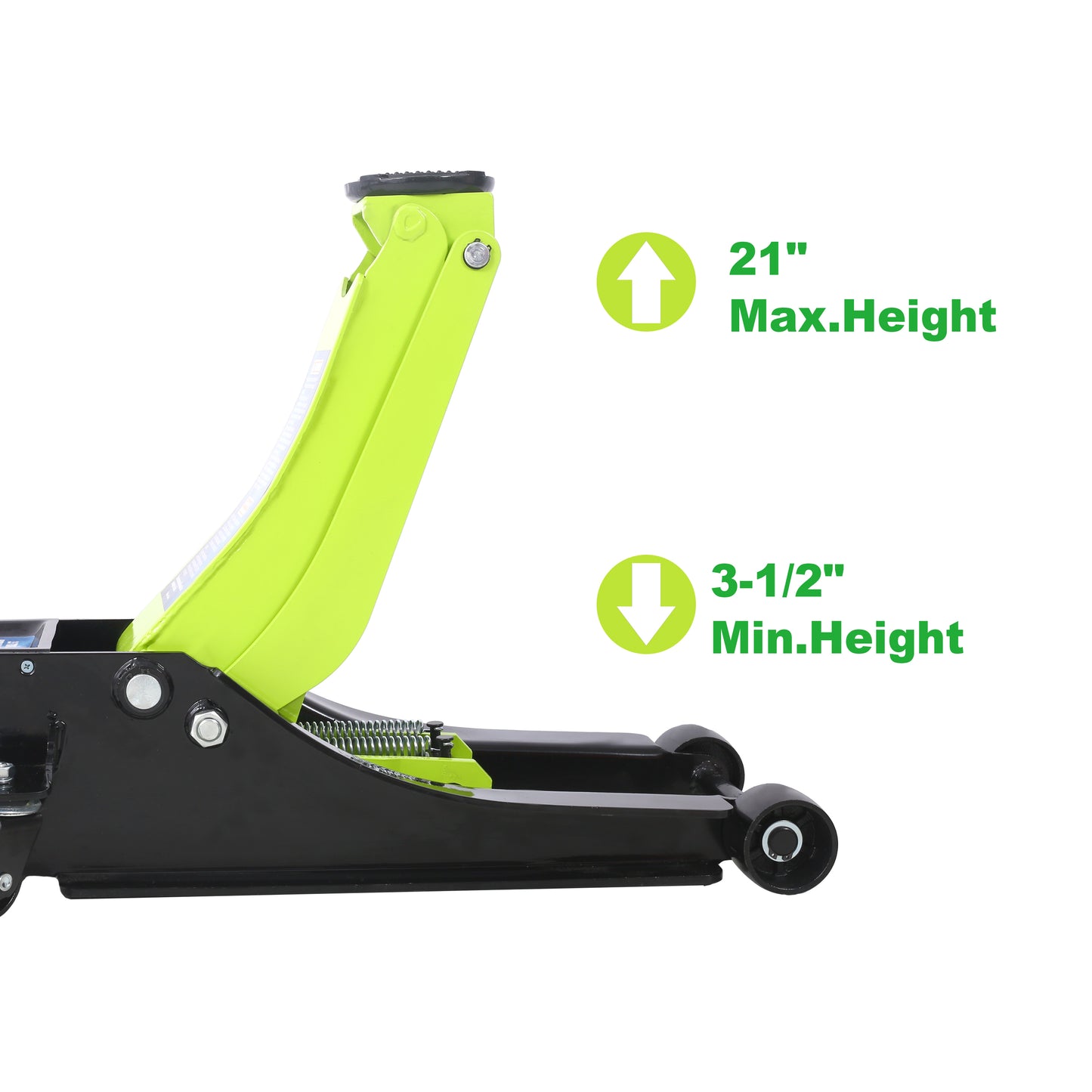 Low profile floor jack in black and lime green  max height for vehicles