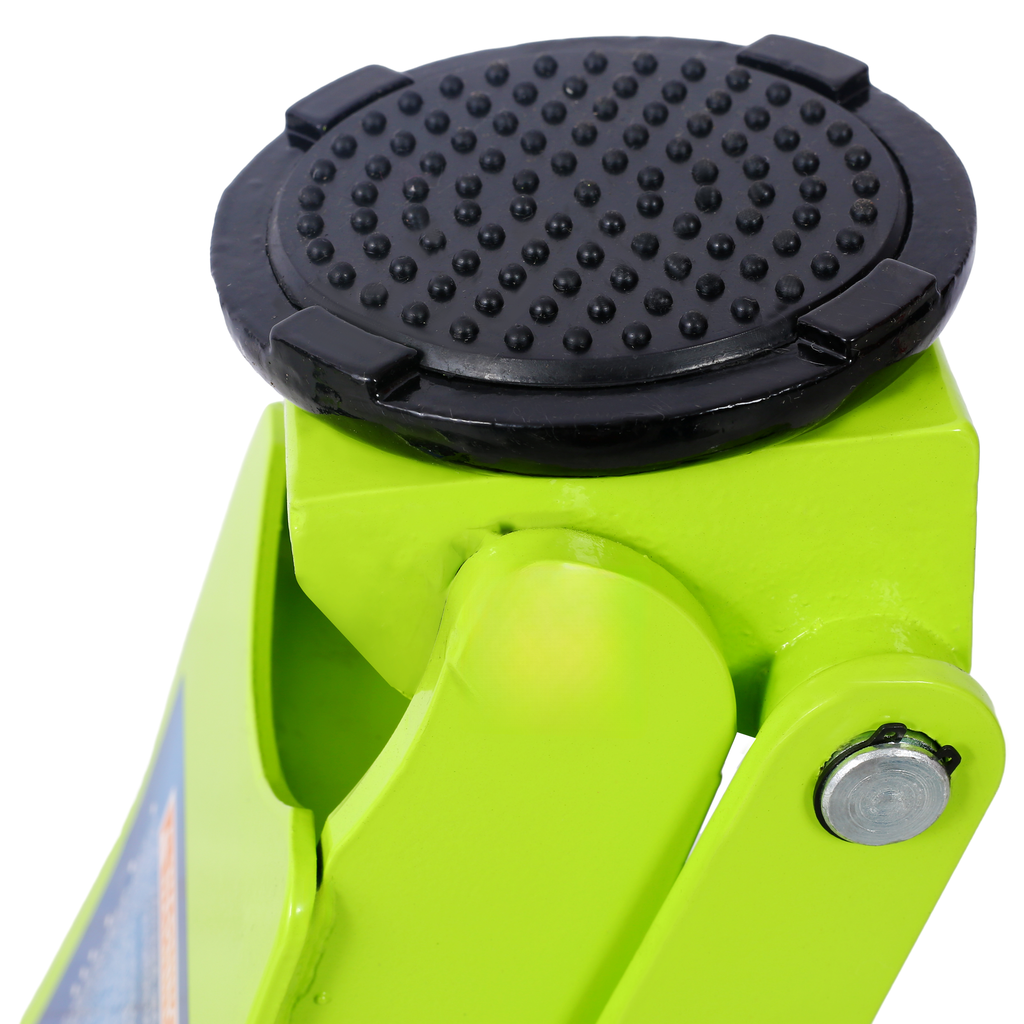 Bright green hydraulic jack with textured black rubber saddle for vehicle lifting