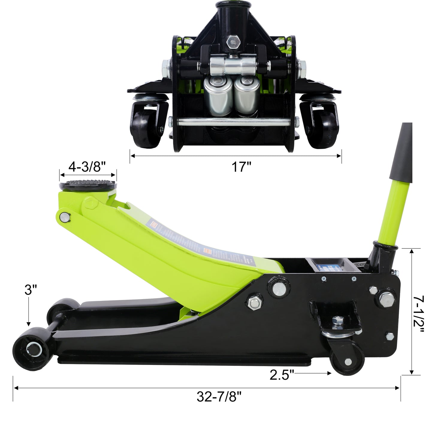 Black and lime green hydraulic floor jack with silver rollers ideal for auto repair