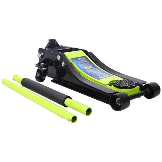 Lowprofile black and lime green hydraulic floor jack with handle bars