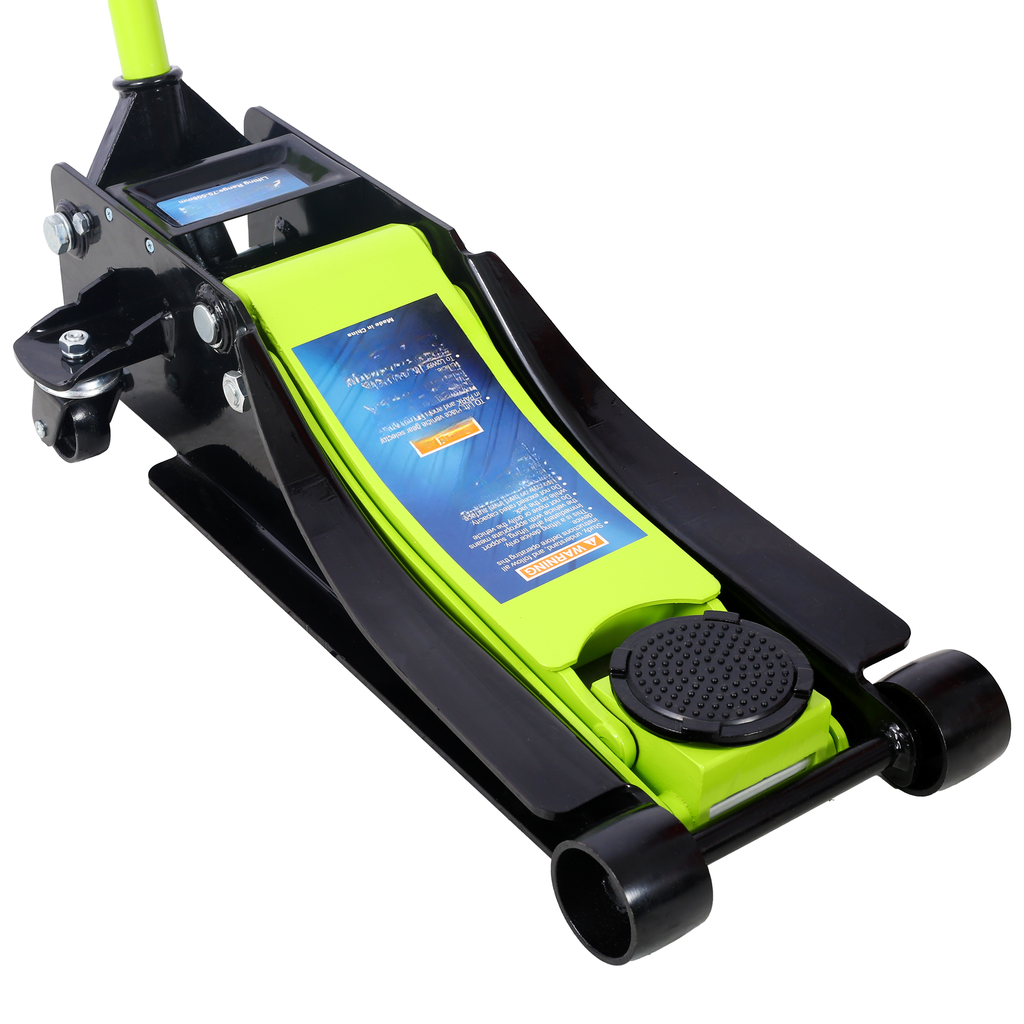 Black and neon green hydraulic floor jack for automotive repair