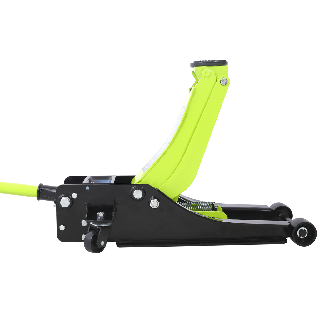 Low profile hydraulic floor jack in neon green and black ideal for car maintenance