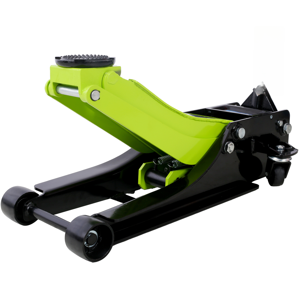 Low profile hydraulic car jack in bright green and black steel ideal for garage use