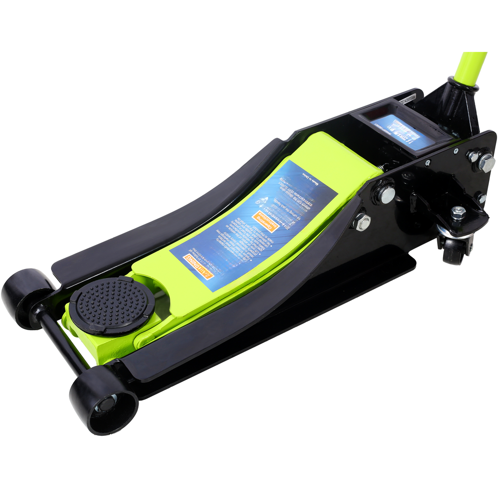 Low profile hydraulic floor jack in black with a bright green saddle for automotive lifting