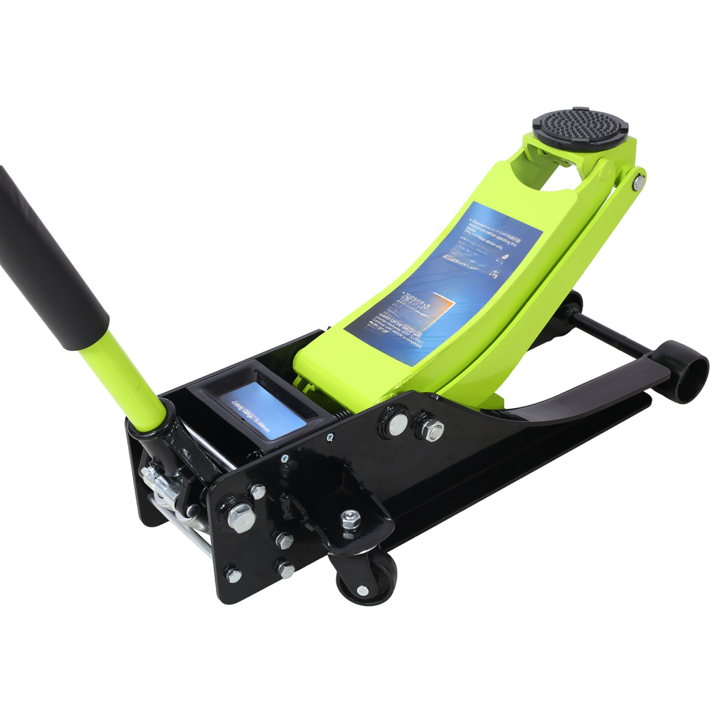 Low profile hydraulic jack with green and black finish ideal for car maintenance
