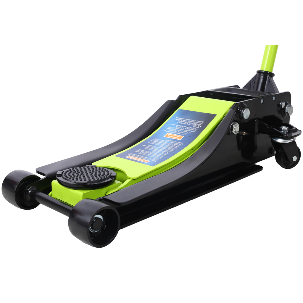 Low profile black and green hydraulic floor jack for car maintenance