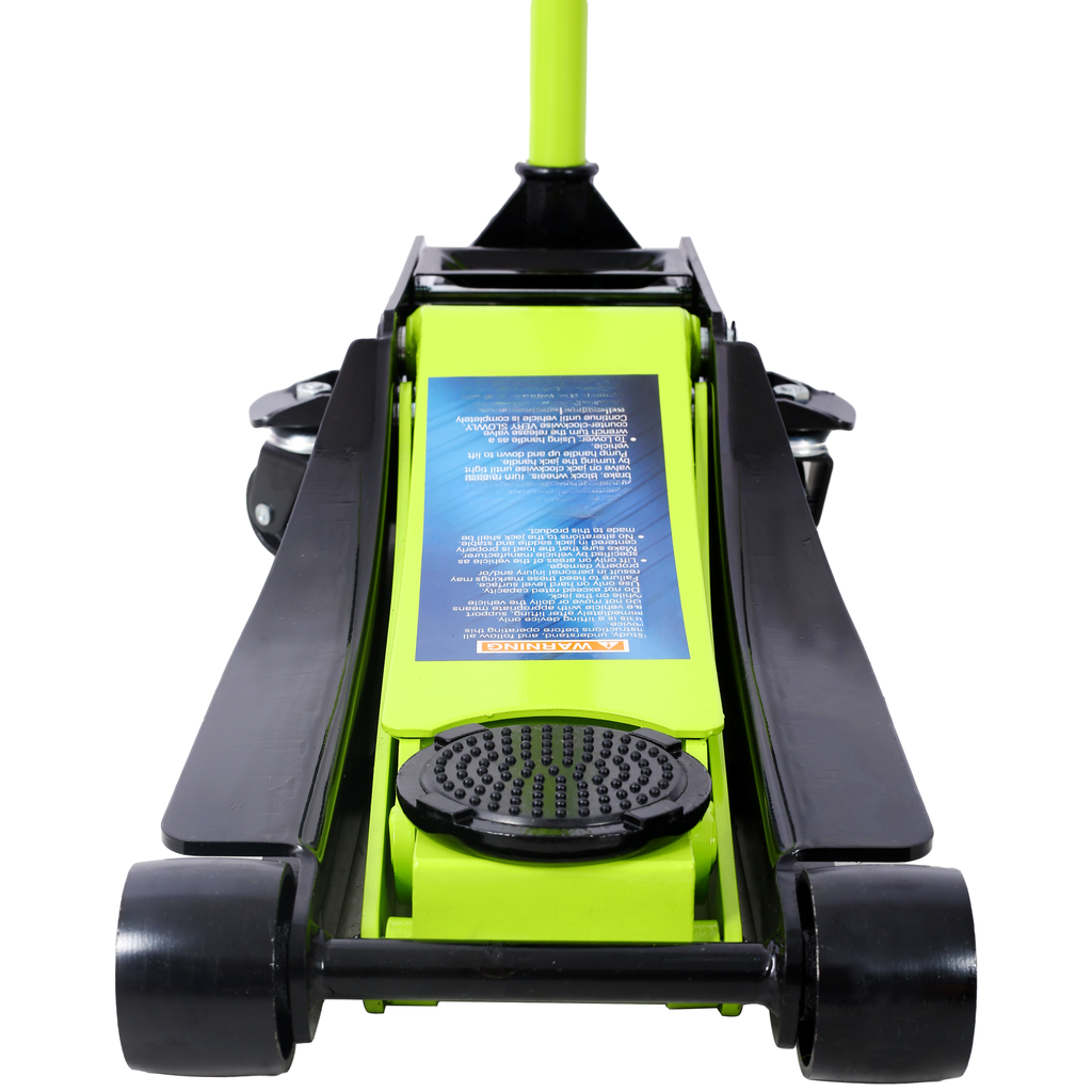 Low profile creeper jack with black wheels and green lifting arm