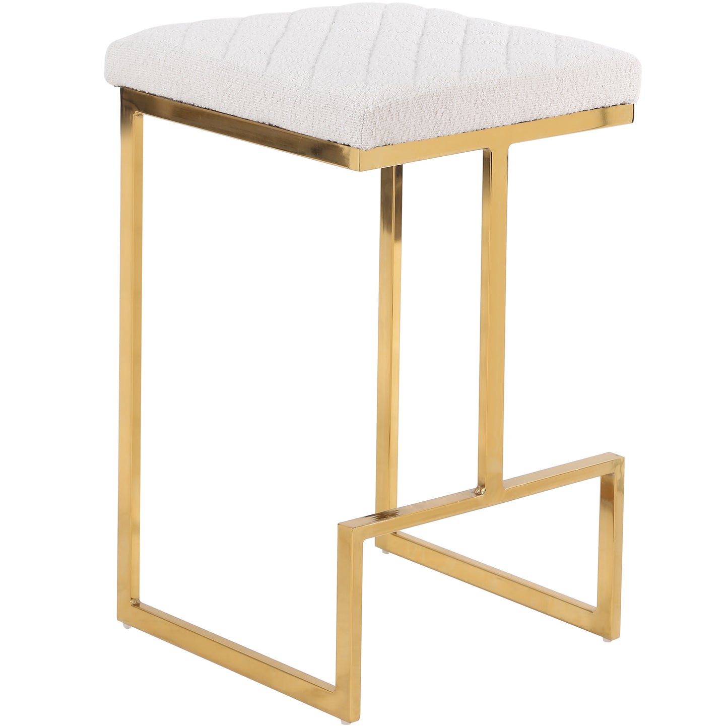 White boucle upholstered bar stool with a gold metal frame and footrest