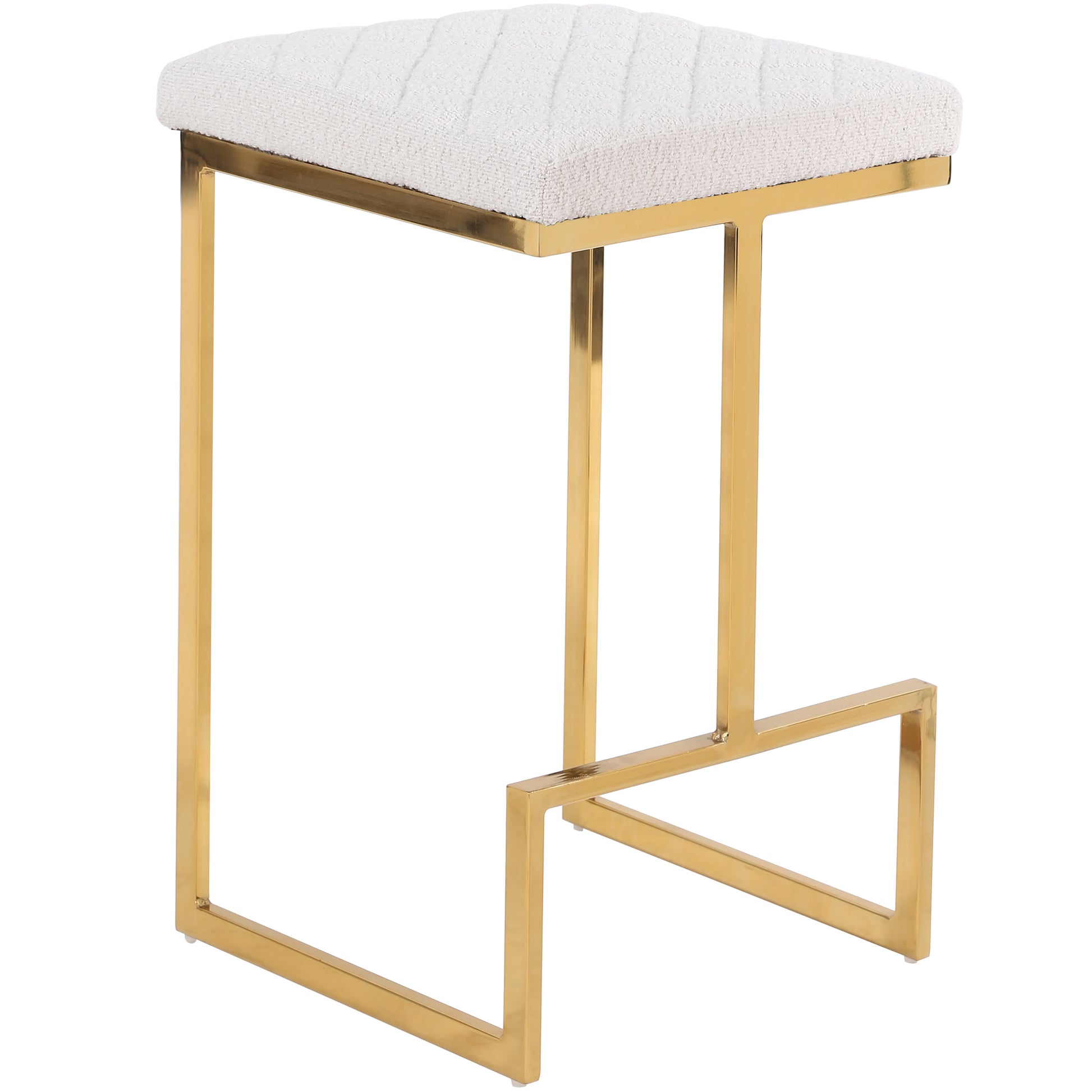 White boucle upholstered bar stool with a gold metal frame and footrest