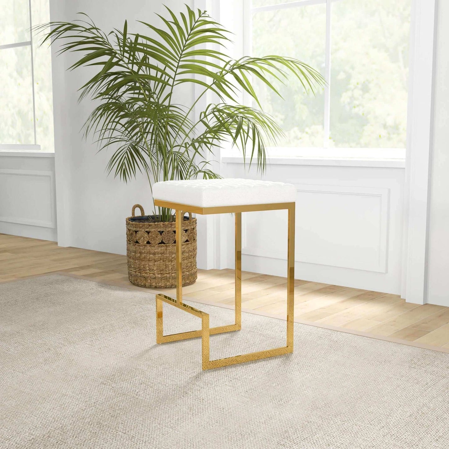 Luxurious white velvet bar stool with polished gold frame and textured seat