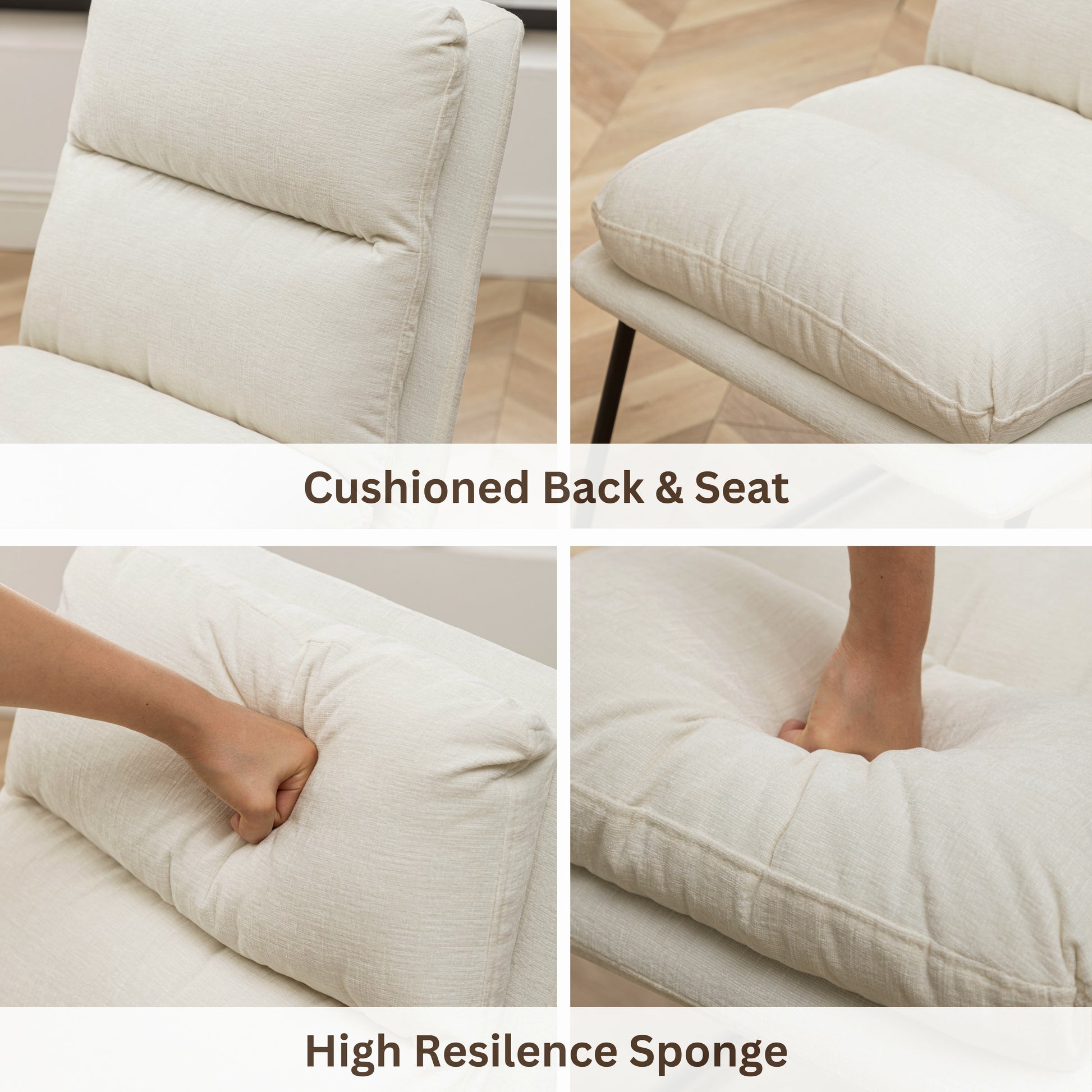 Closeup of a cushioned ivory sofa seat showing its textured fabric