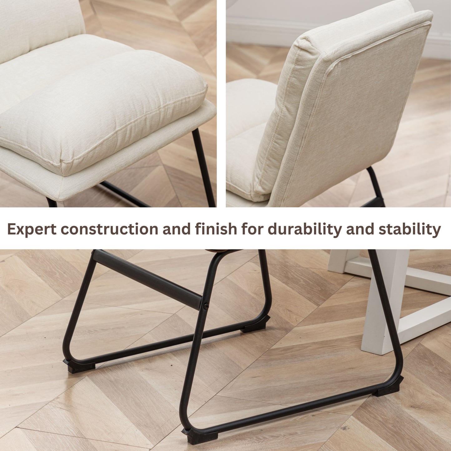 Cream upholstered accent chair with minimalist black metal legs for a modern living room