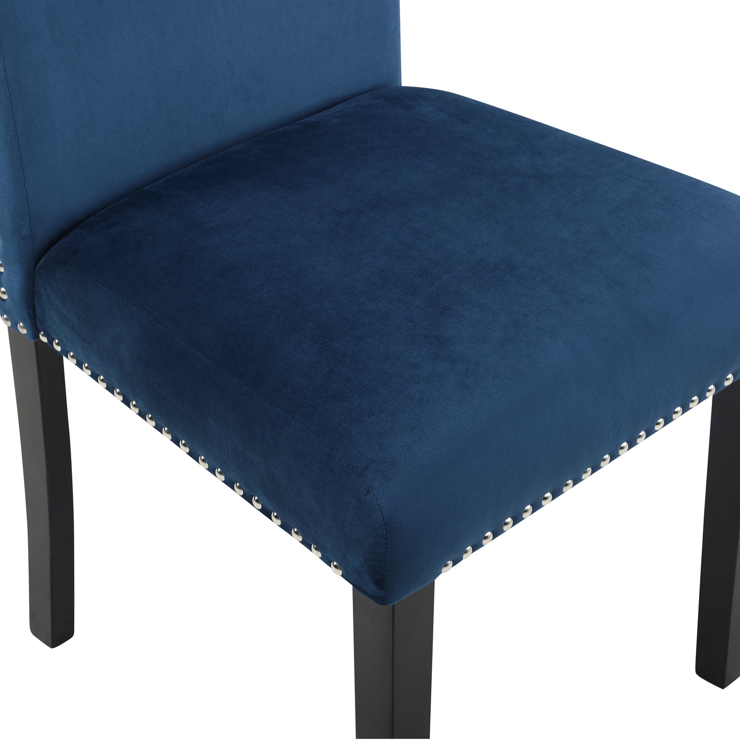 Deep blue velvet dining chair with silver nailhead trim and black legs
