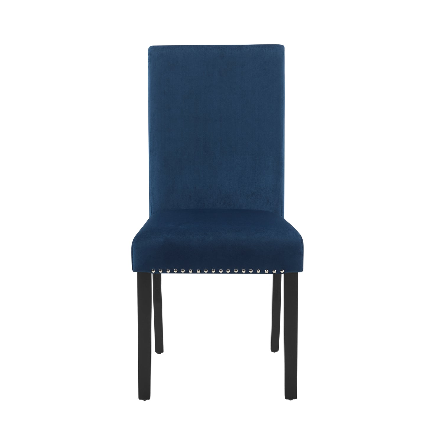 Deep blue velvet upholstered dining chair with silver stud accents and dark wooden legs