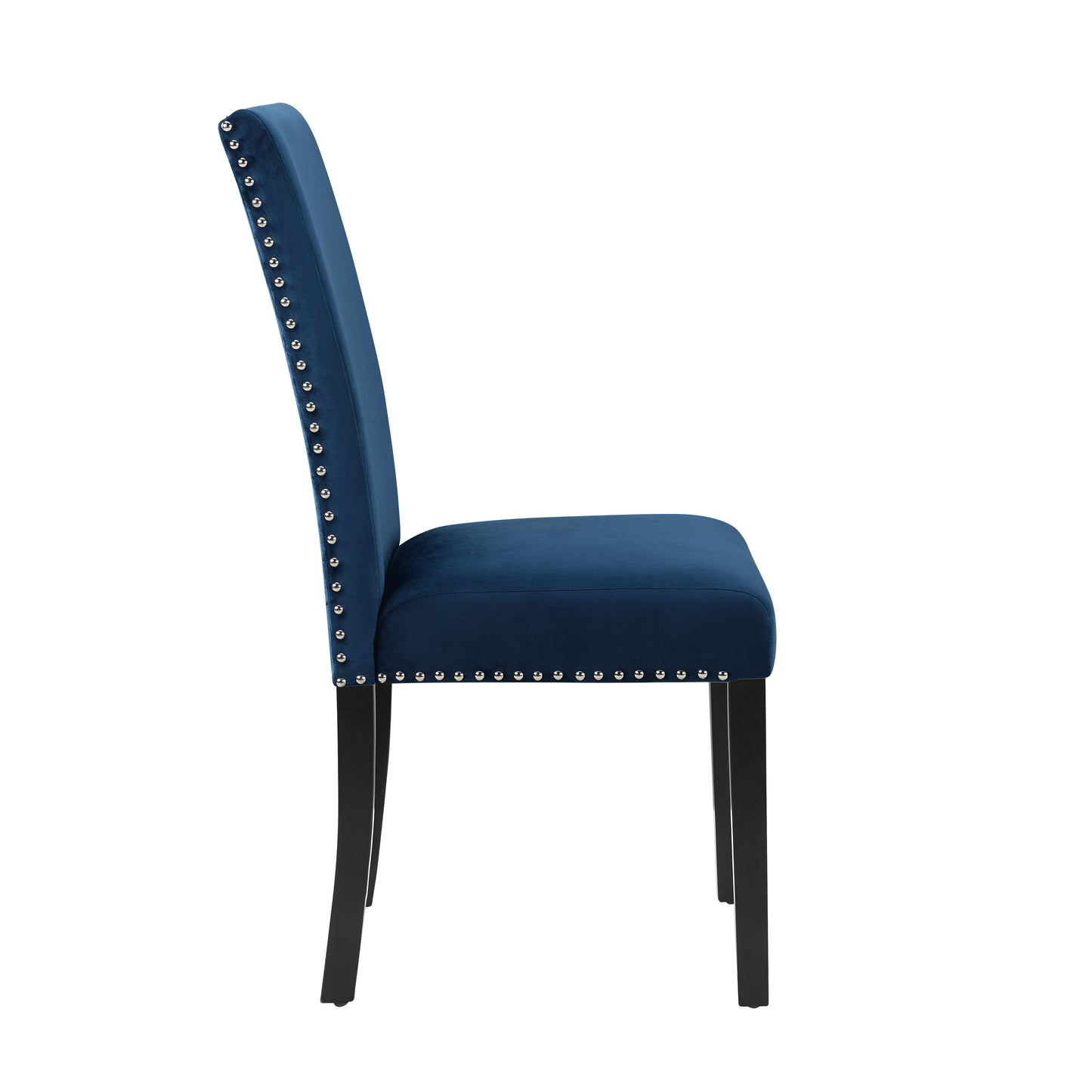Elegant navy velvet dining chair with silver nailhead trim and black wooden legs