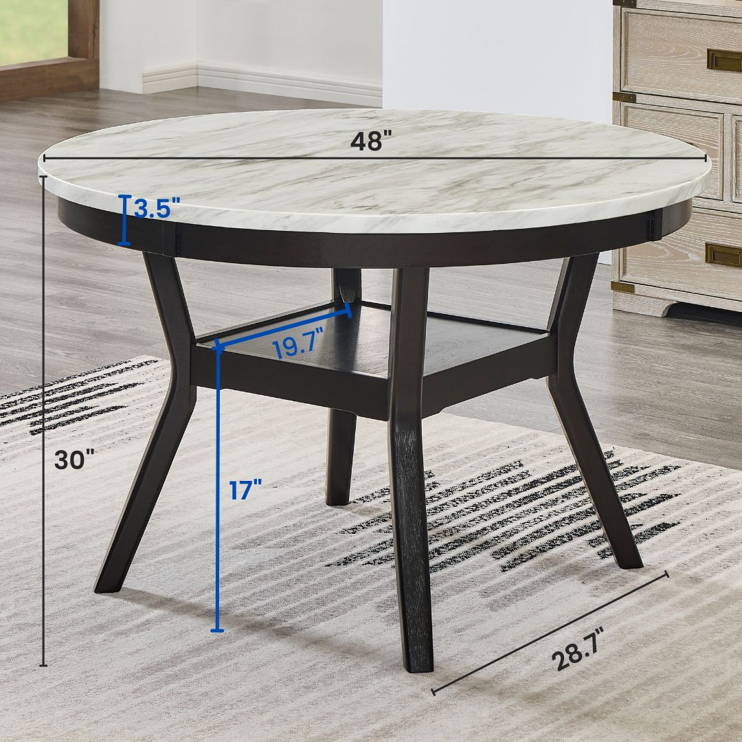 Round dining table with white marble top and dark wood legs inch diameter