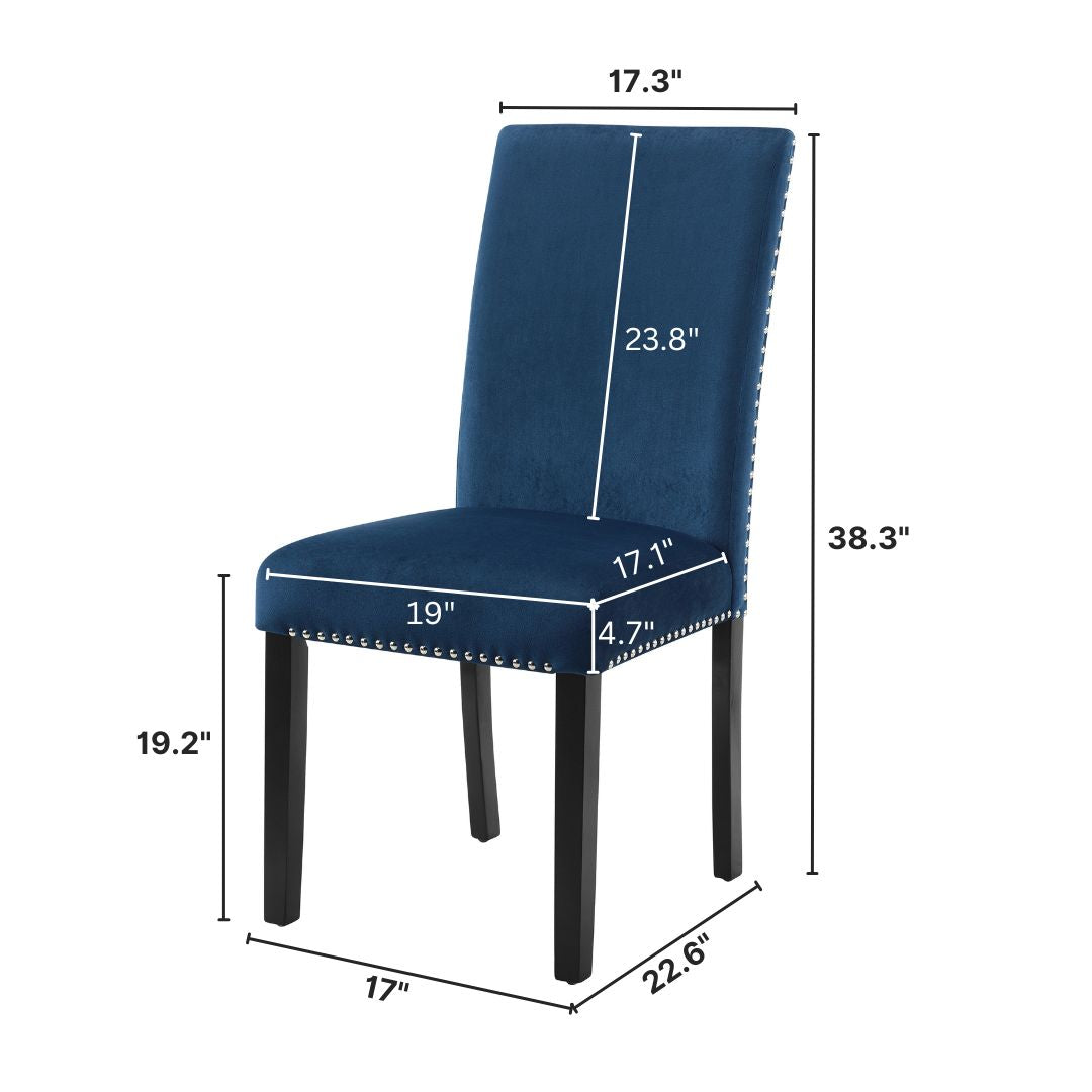 Blue velvet dining chair with silver nailhead trim and dark wood legs