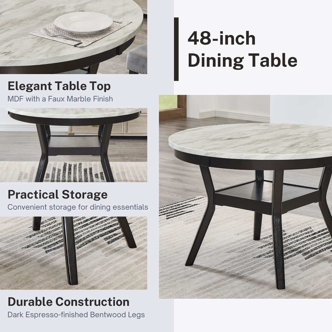 Round inch dining table with faux marble top and dark espresso legs