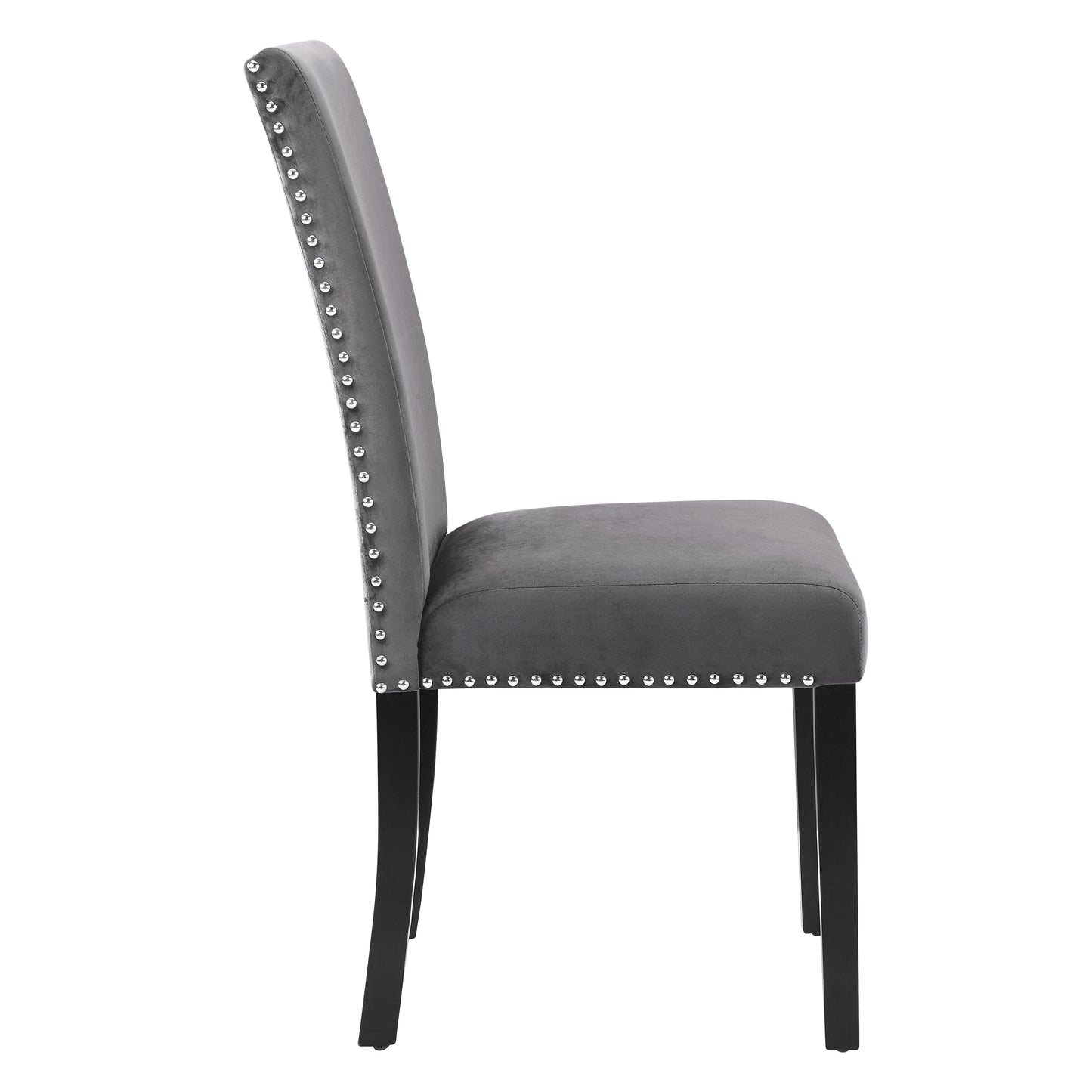 Grey velvet dining chair with silver stud accents and dark wood legs