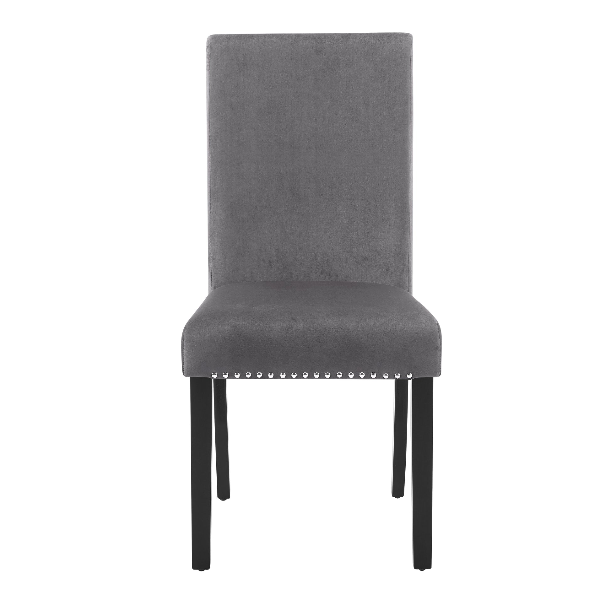 Grey velvet dining chair with silver nailhead trim and black wooden legs