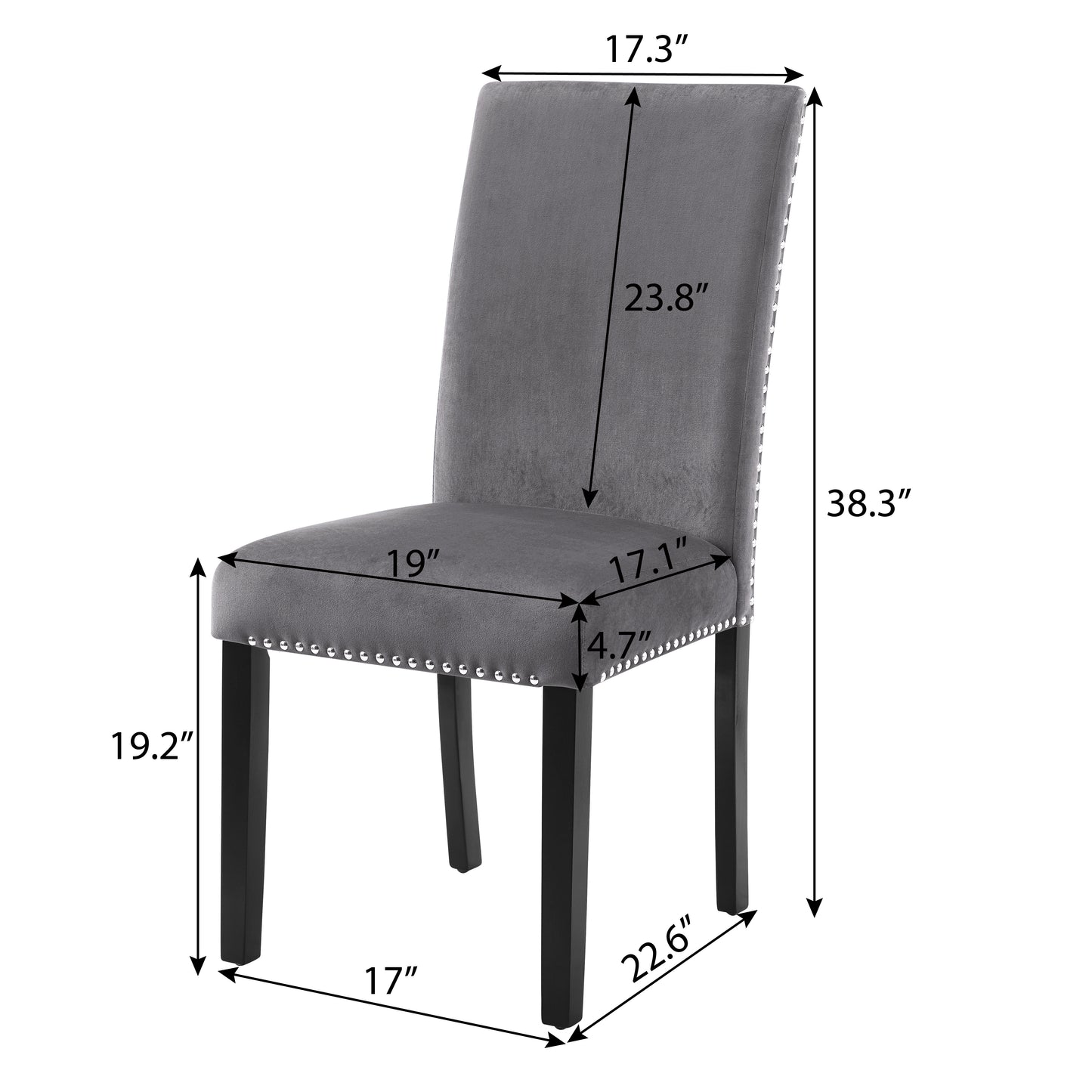 Grey velvet dining chair with silver nailhead trim and dark wood legs