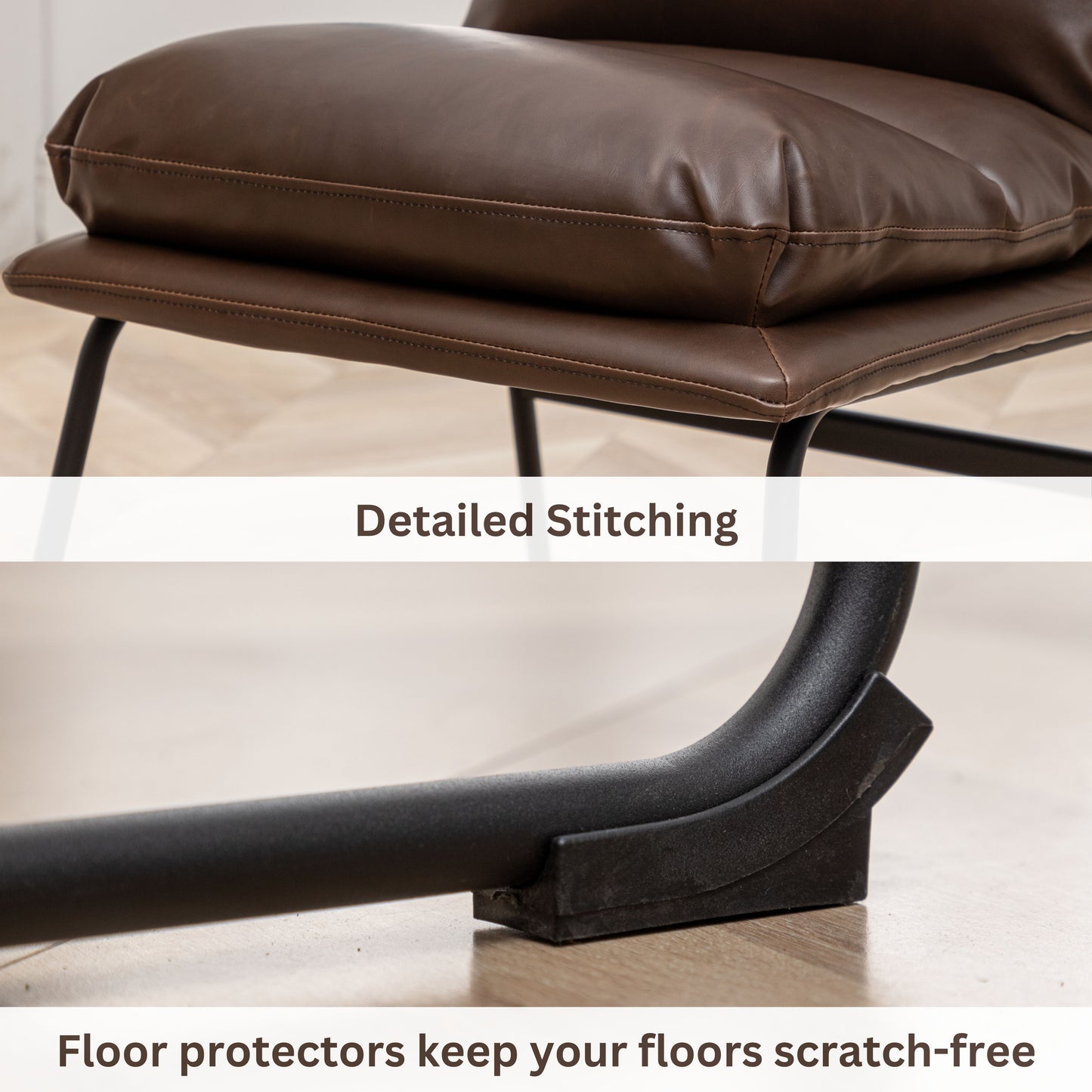 Closeup of brown faux leather chair cushion with detailed stitching for a luxurious feel