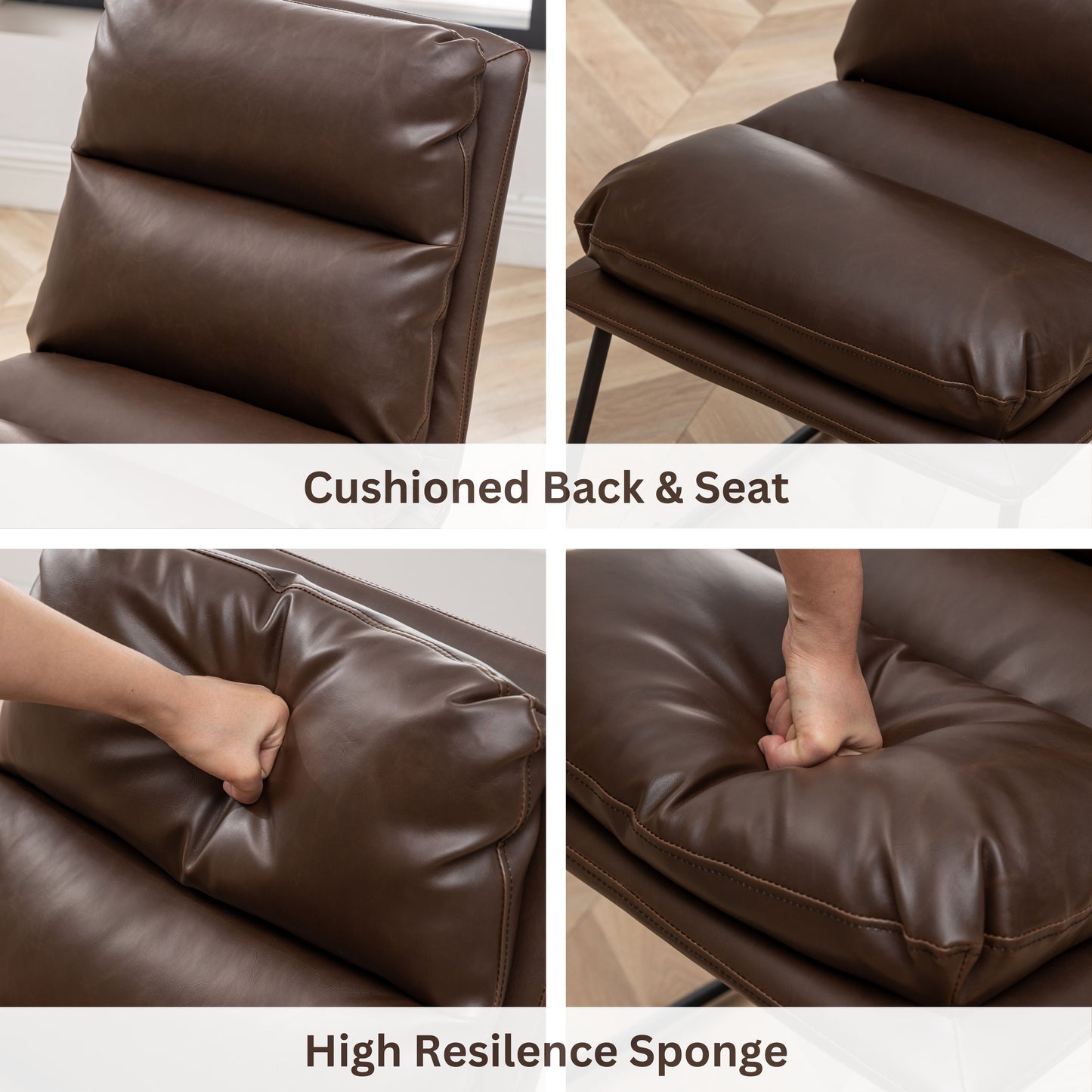 Closeup of a plush tufted dark brown faux leather armchair seat with visible stitching