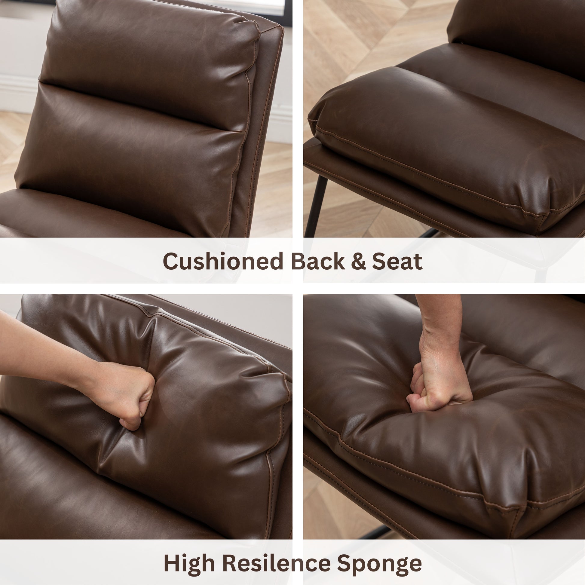 Closeup of a plush tufted dark brown faux leather armchair seat with visible stitching