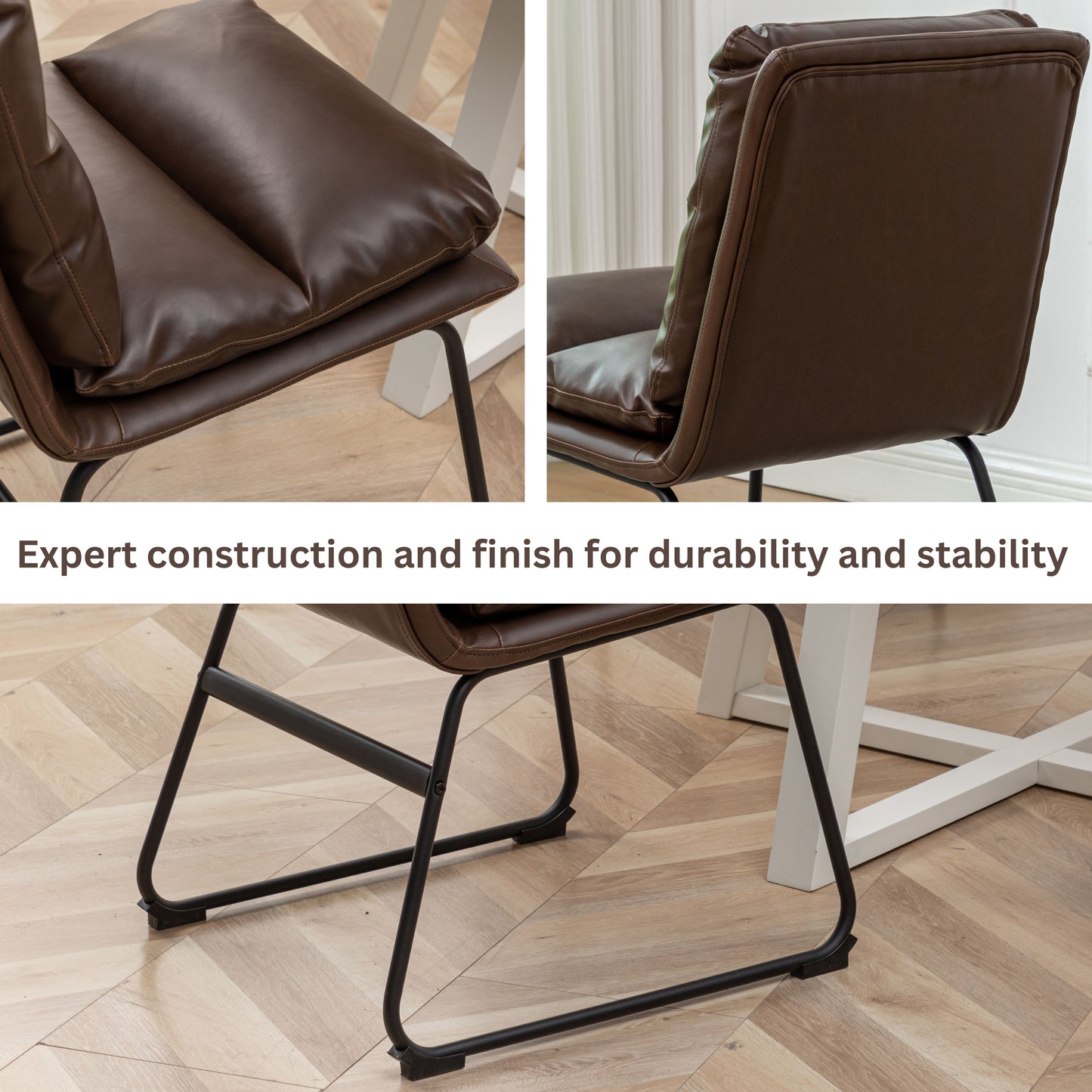 Closeup of brown faux leather armchair seat cushion with visible stitching detail