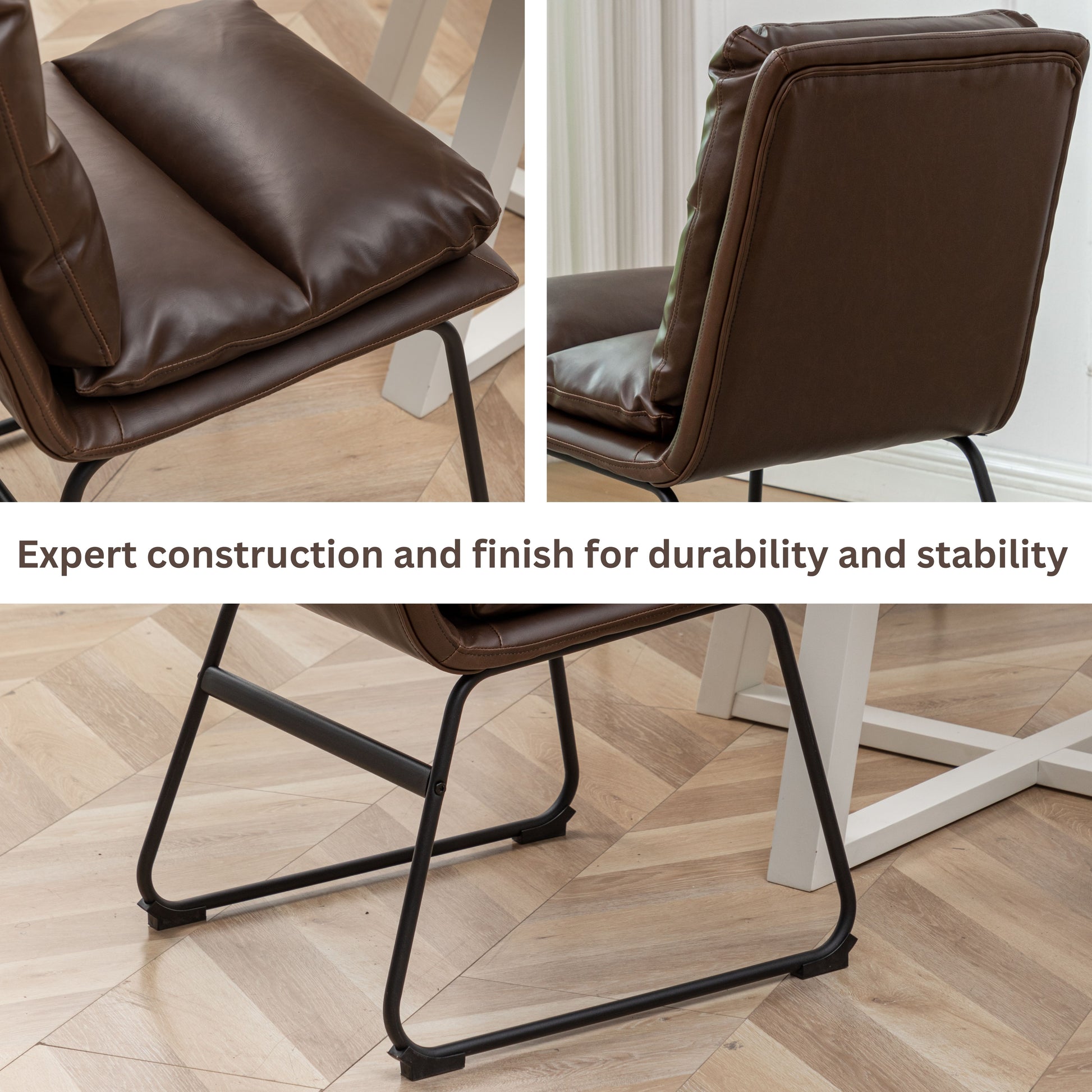 Closeup of brown faux leather armchair seat cushion with visible stitching detail