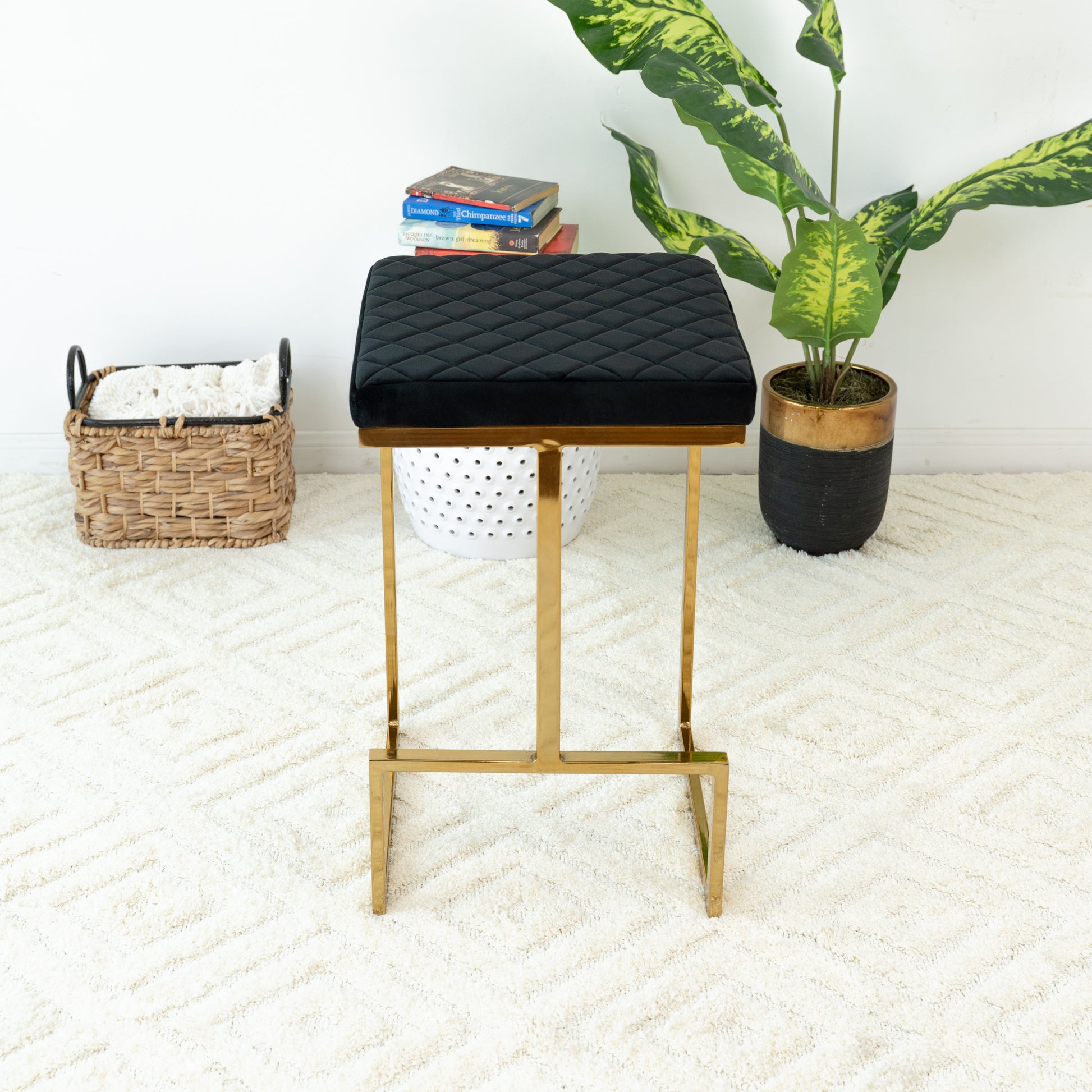 Black velvet tufted bar stool with polished gold frame modern kitchen seating