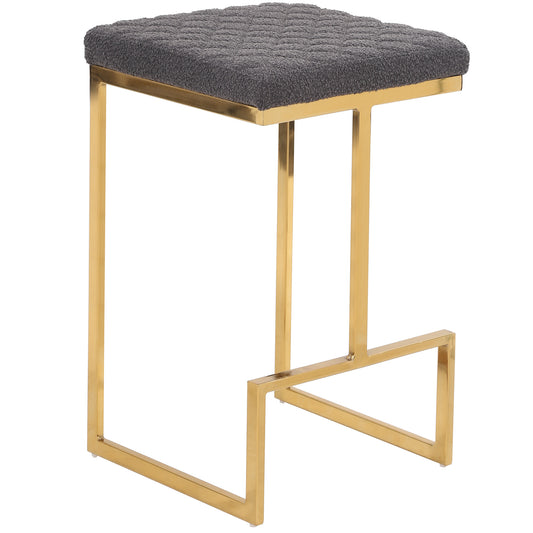 Gray textured counter stool with a polished brass metal frame and footrest