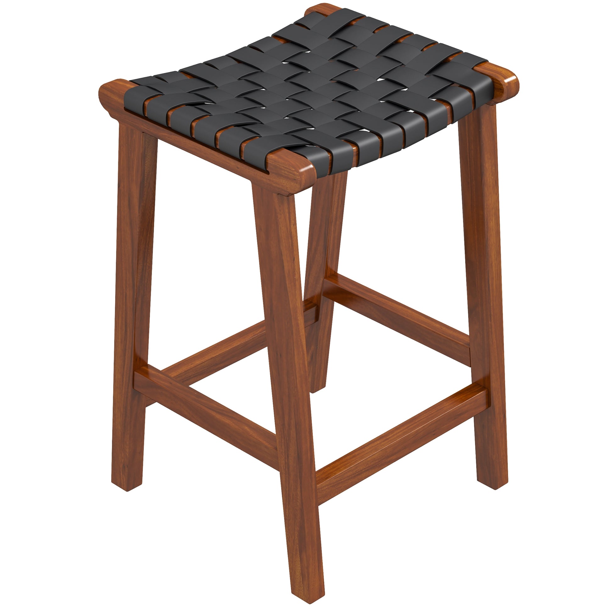 Modern counter stool with woven black faux leather seat and solid wood frame