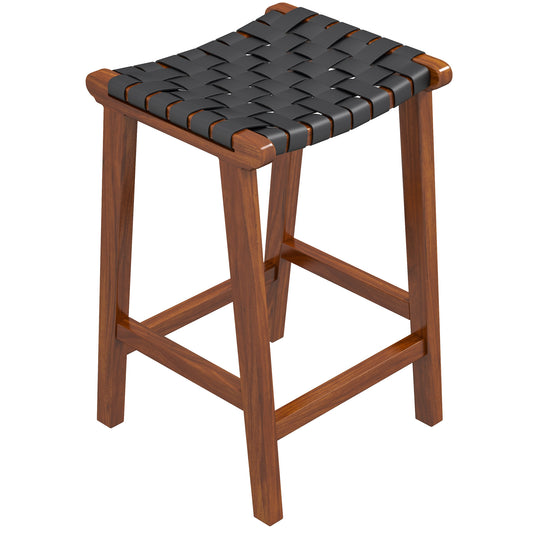 Modern counter stool with woven black faux leather seat and solid wood frame