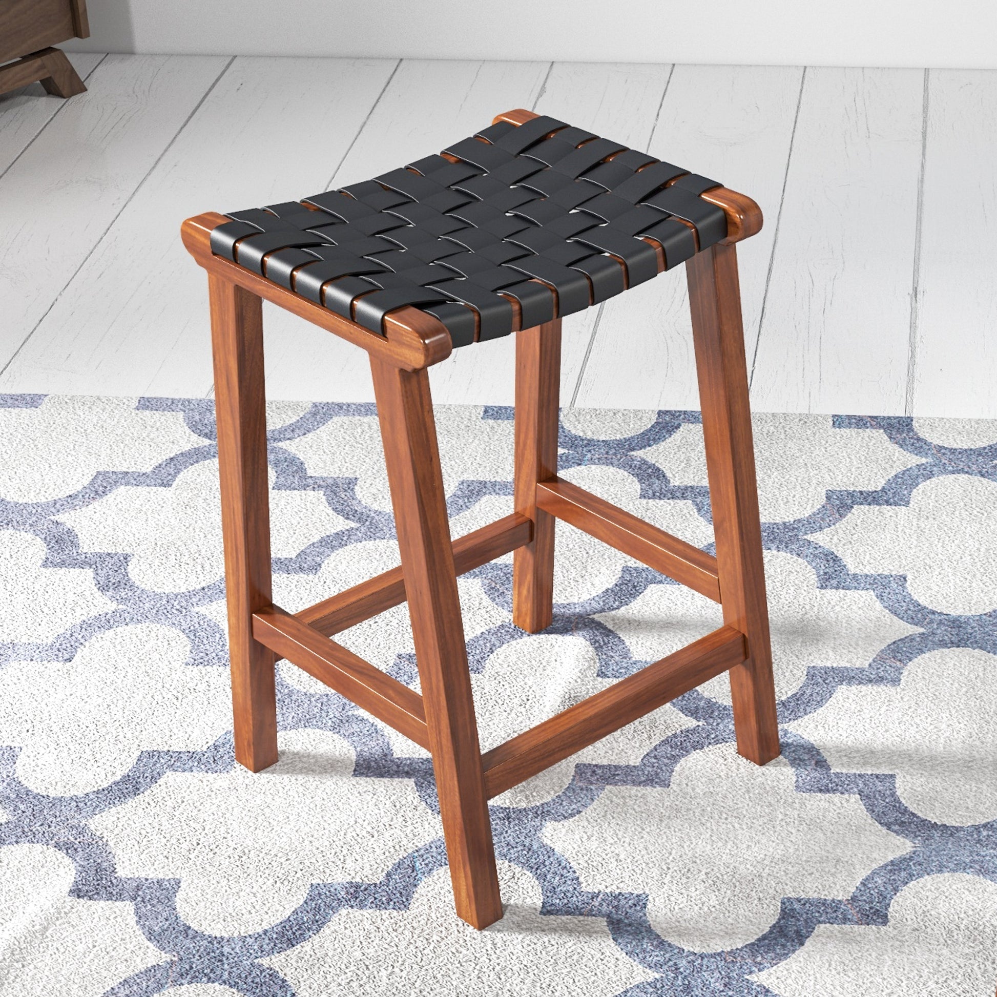 Wooden bar stool with black woven leather seat perfect for kitchen island seating