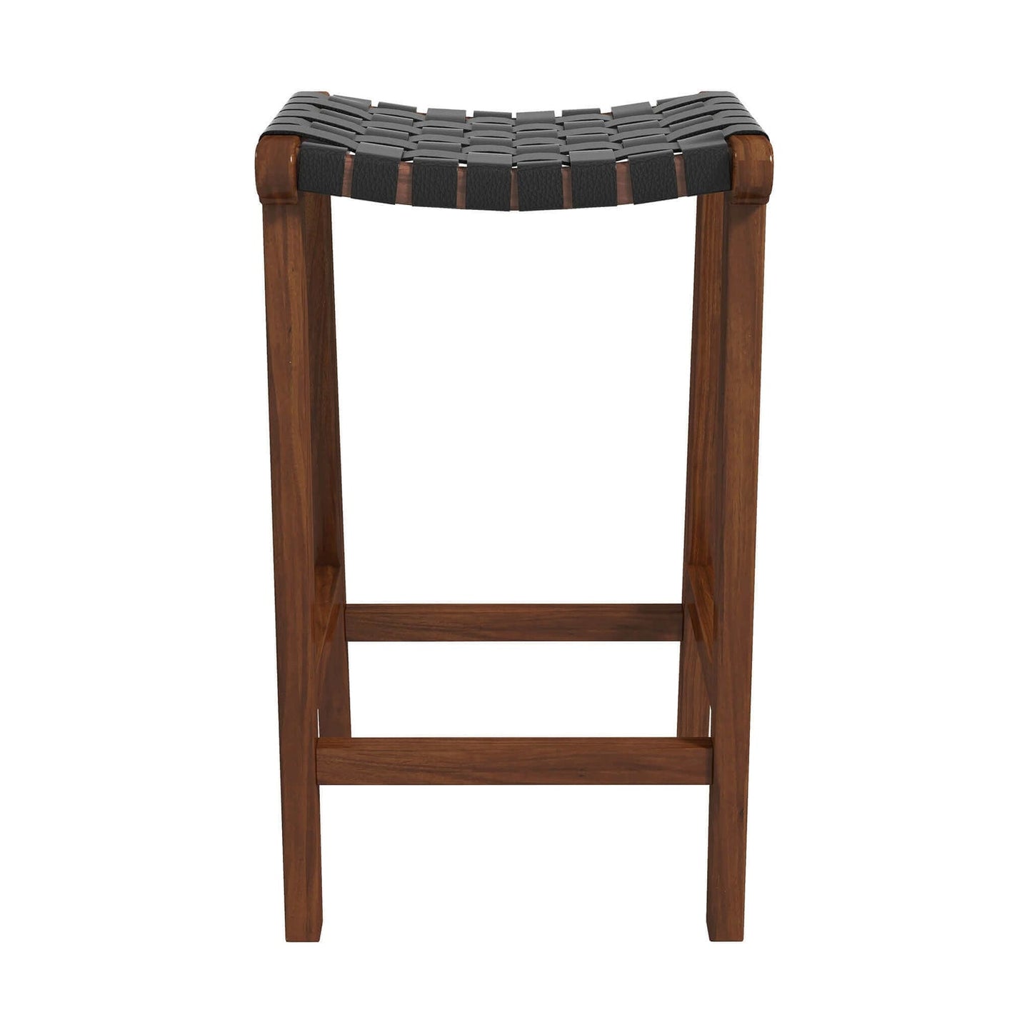 Modern bar stool with woven black leather seat and walnut wood frame for kitchens